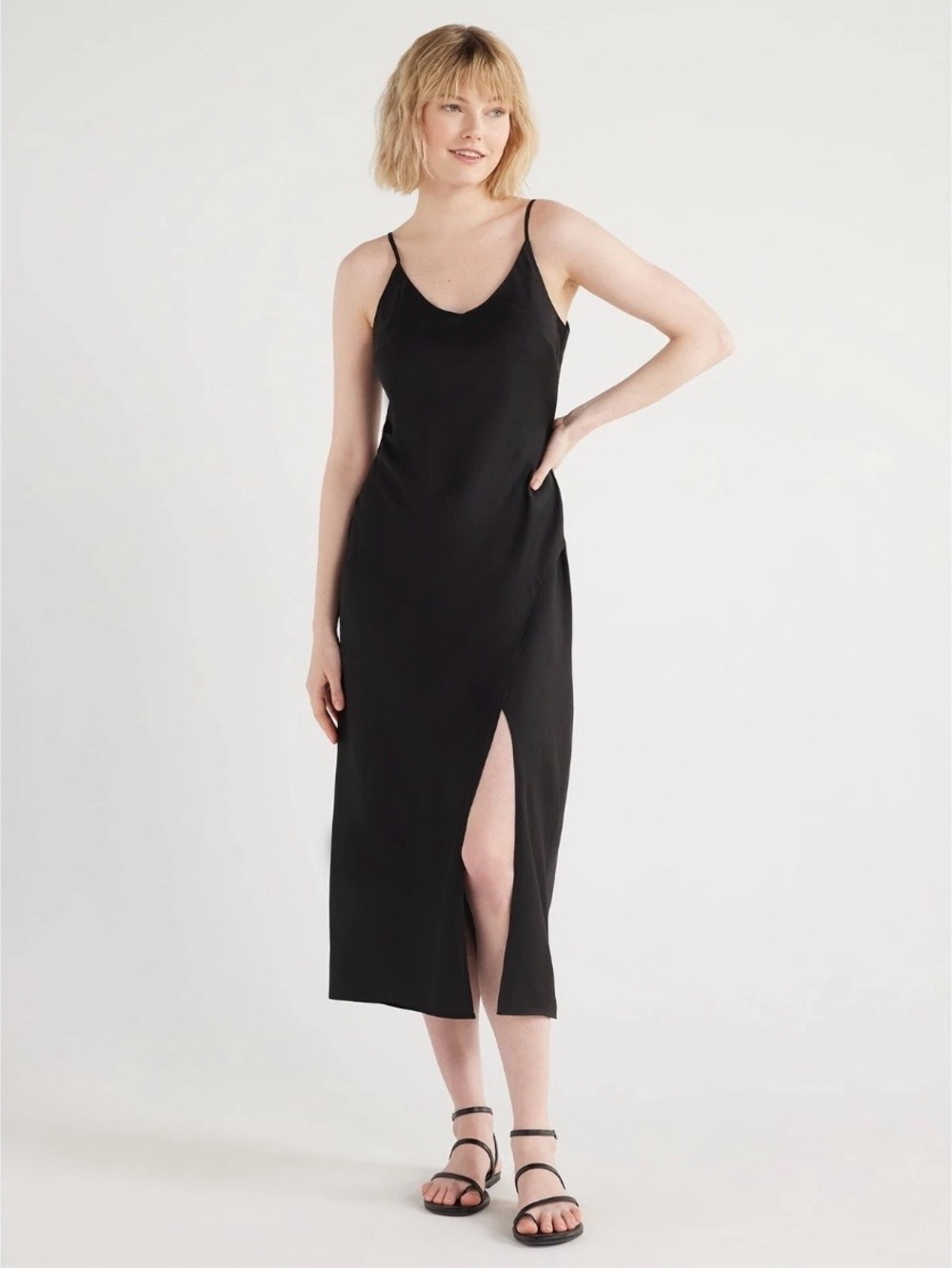 Scoop Midi Scoop Neck Slip Dress Women's Black Polyester With Side Slit Size M